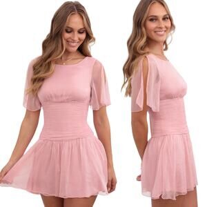 Lucy in the Sky Shimmer Fit & Flare Mini Dress Flutter Sleeve Iridescent Pink L
